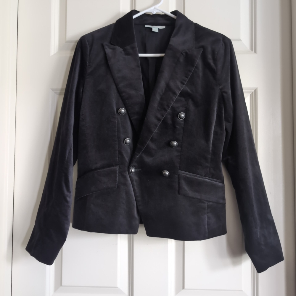 Black cotton velvet double breasted blazer with silver buttons